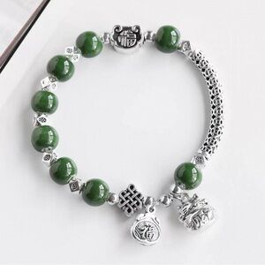 Green Jade Beaded Bracelet with Silver Charms